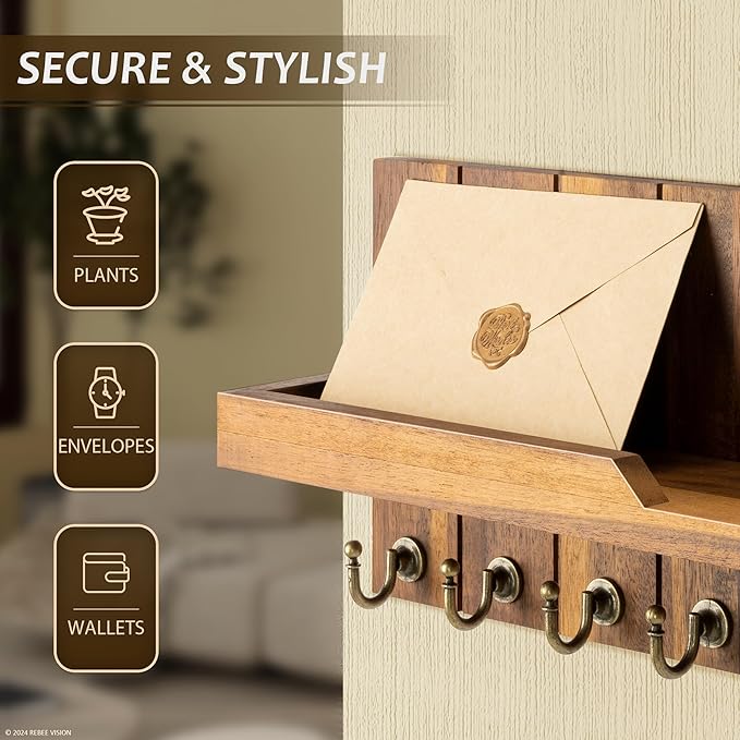 Rebee Vision Key Holder Wall Mount for Home Decor - Key Holder for Wall with Floating Shelf for Hanging Coats & Hats - to Elevate Farmhouse Decor (Acacia Wood, 3.54''×15''×7.28'')