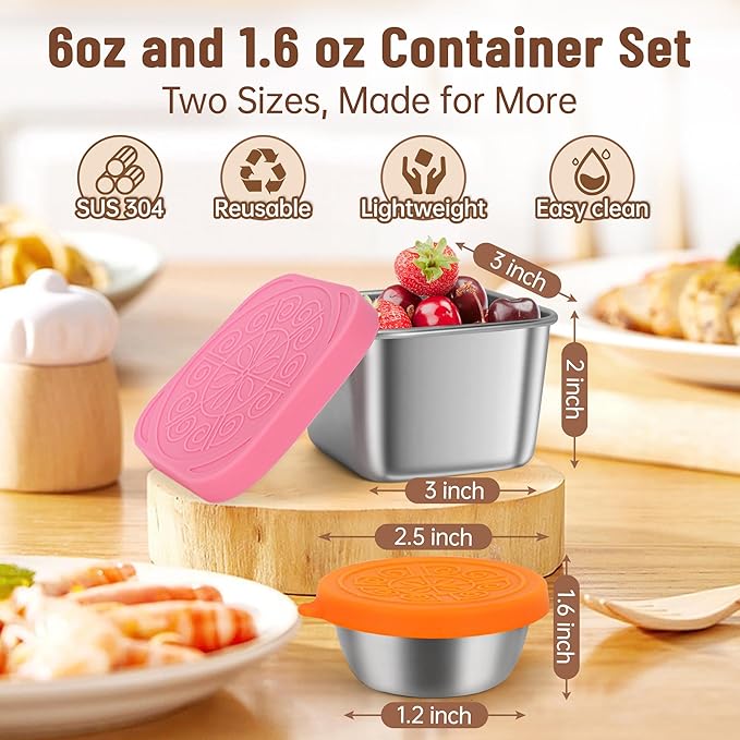 12 Pack Stainless Steel Snack Containers for Kids, 6oz & 1.6oz Leakproof Snack Salad Dressing Containers with Easy-Open Silicone Lids, Reusable Lunch Box Containers for Office & Travel