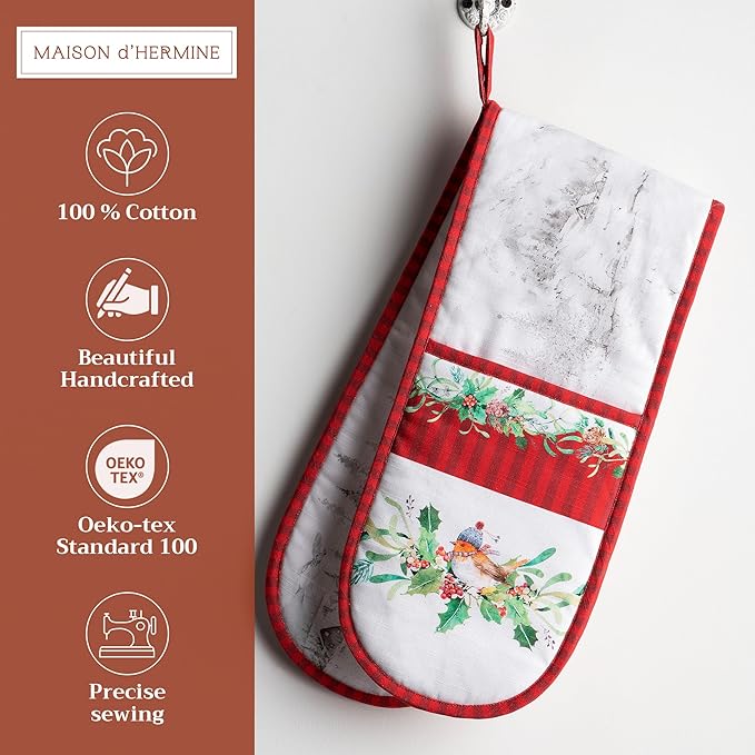 Maison d' Hermine Double Oven Mitt (7" x 35") 100% Cotton Heat Resistant BBQ Cooking Gloves with Loop for Thanksgiving Christmas Decorations Baking Cooking Handling Hot Pan (Christmas Tradition)