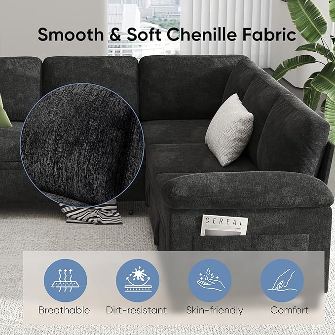 76.8" Modular Sectional Sleeper Sofa with Pull Out Bed,U Shaped 5 Seat Sectional Sofa with Storage,Modular Couch for Living Room,Deep Seat Couch with Removable Sofa Cover,Black