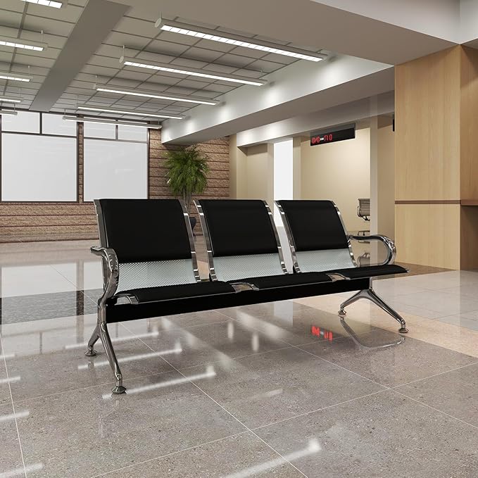 Kinfant 3-Seat Waiting Room Bench Set - PU Leather Office Chair Guest Reception Waiting Room Chair for Airport, Hospital, Bank, Salon, Barbershop, Black