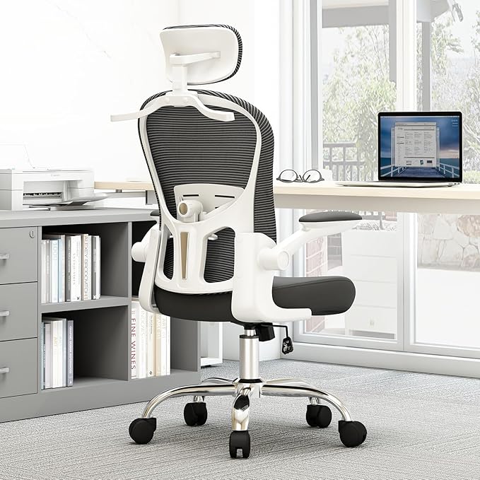 Ergonomic Computer Office Chair - Adjustable Lumbar Support, Headrest, High Back Mesh Desk Chair for Office and Home, 90-120° Reclining Task Chair with Flip-Up Arms (Black)