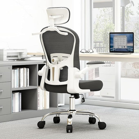 Ergonomic Computer Office Chair - Adjustable Lumbar Support, Headrest, High Back Mesh Desk Chair for Office and Home, 90-120° Reclining Task Chair with Flip-Up Arms (Black)