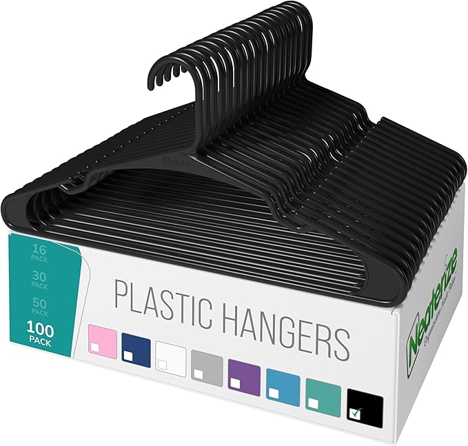 NEATERIZE Clothes Hangers Plastic 100 Pack For Adults - Plastic Hangers, The Perfect Coat Hanger and Space Saving Clothes Hangers for Closet, Percheros Ganchos para Colgar Ropa Hangars - Black Hangers