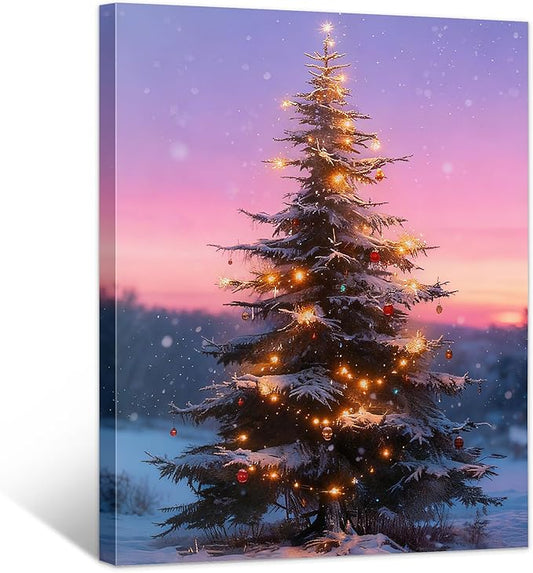 Framed Christmas Pictures Wall Decor,Vintage Pine Tree Prints,Winter Christmas Canvas Wall Art Decoration for Bedroom Bathroom Living Room Rustic Xmas Holiday Gifts (Christmas Tree 12, 16'' X 20'')