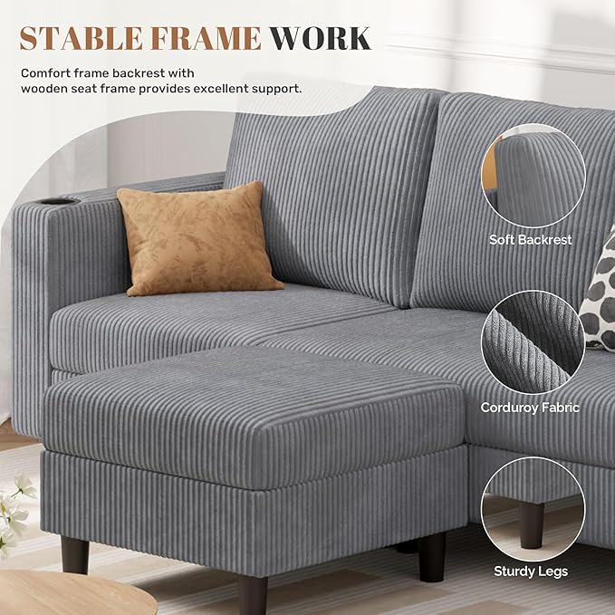 Upholstered Sectional Sofa and Couches, 78'' L Shaped 3-seat Sofa for Living Room, Apartment, Lounge,Bedroom-Washable Covers Convertible Sofas(Corduroy,Light Gary)