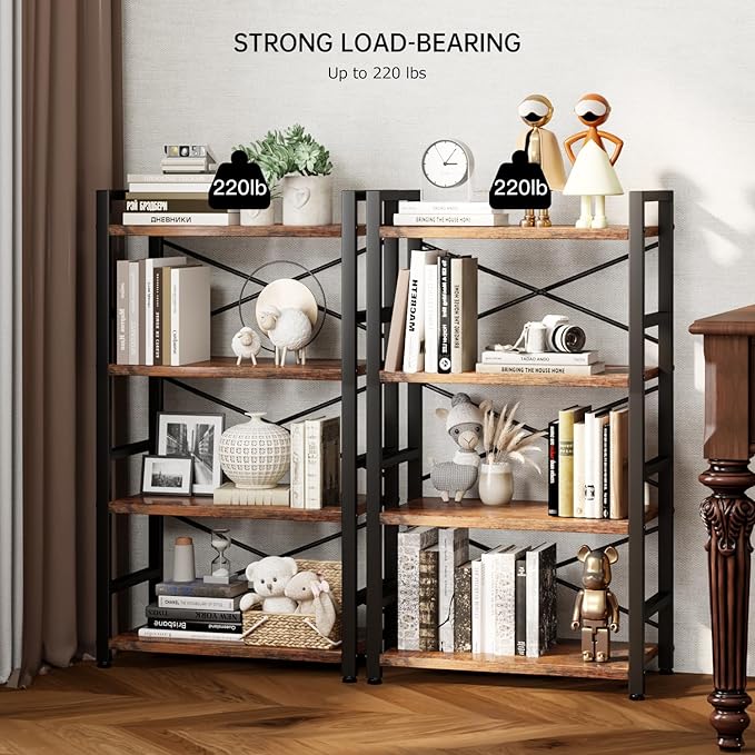 Homeiju Bookshelf, 4 Tier Small Bookcase, Organizers and Storage, Metal Small Bookcase, Rustic Book Shelf Organization and Storage for Living Room, Bedroom, and Home Office(Rustic Brown)