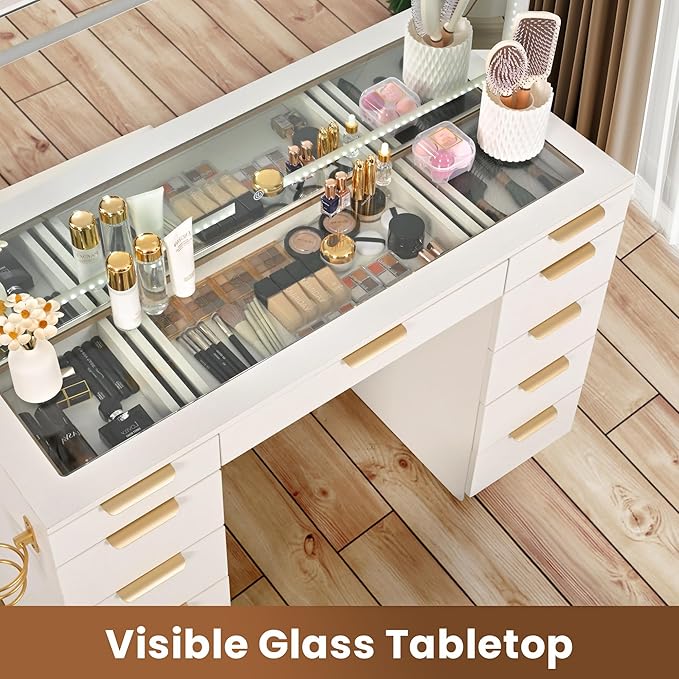 Pamapic 11 Drawers Makeup Vanity with Mirror and Chair, Glass Top Vanity Desk with Power Outlet, 3 Lighting Modes Dressing Table with Golden Handles, Silent Slides and Portable Mirror, White