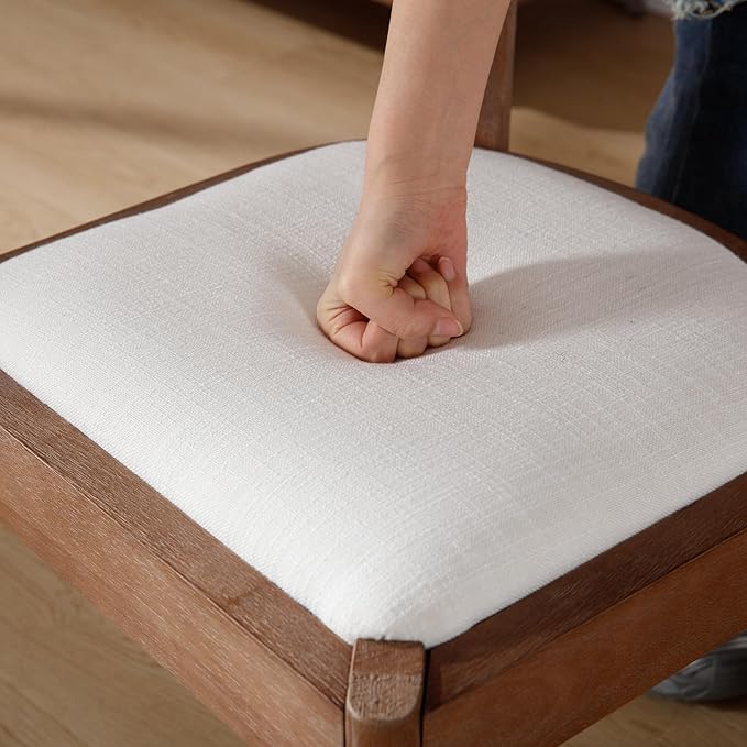 Kmax Dining Room Chairs Mid-Century Modern Fabric Kitchen Chairs with Natural Walnut Finished Frame, Linen Curved Back, Set of 6, White