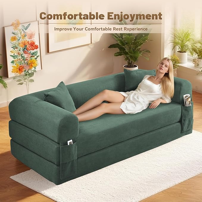 Convertible Futon Sofa Bed,80" Folding Pull Out Couch with Pillows & Storage Pocket, Oversized Queen Sleeper Sofa in a Box,Corduroy Boneless Couch for Living Room,Light Green