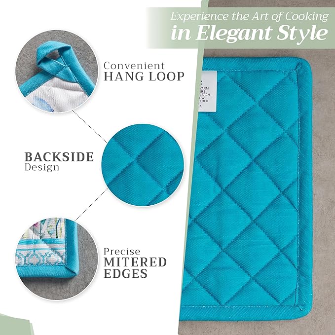 Maison d' Hermine Pot Holders 100% Cotton Heat Resistant Potholders 8" x 8" Hot Pads with Loop BBQ, Cooking, Baking, Grilling, Kitchen, Handling Hot Pans Spring/Summer (Pack of 1, Flower In The Field)