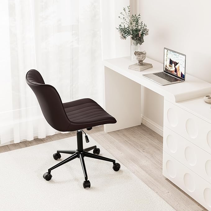 Kidol & Shellder Brown Leather Home Office Desk Chair with Wheels Modern Cute Armless Executive Swivel Vanity Chair with Comfy Padded Back Ergonomic Rolling Adjustable Computer Task Chair Small