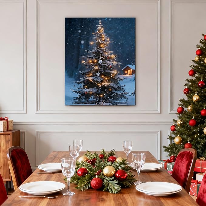 Framed Christmas Pictures Wall Decor,Vintage Pine Tree Prints,Winter Christmas Canvas Wall Art Decoration for Bedroom Bathroom Living Room Rustic Xmas Holiday Gifts (Christmas Tree 19, 16'' X 20'')