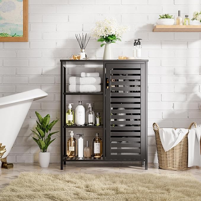 HITNET Black Bathroom Cabinet, Freestanding Storage Cabinet Bamboo Kitchen Floor Cupboard with Door and Shelf, Space Saving Side Storage Organizer for Living Room Bedroom Home Office