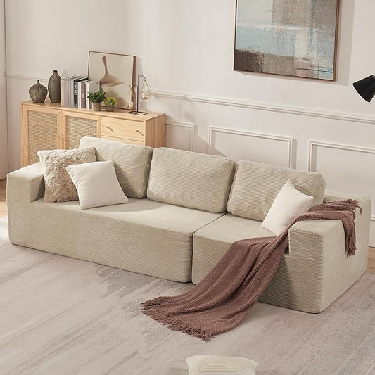106" 3-Seater Sofa, Cloud Modular Sofa with Certified Foam, Upholstered Floor Sofa with Deep Seat, Upholstered Sofa for Bedroom Living Room, No Assembly Required (Corduroy Fabric, Beige)