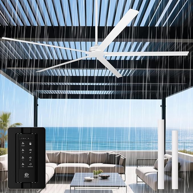 Ceiling Fans Outdoor Waterproof, 84 Inch Industrial Ceiling Fans without Lights, Large White Ceiling Fan No Light with 5 Aluminum Blade, Reverse DC Motor, Outdoor Fans for Patio Shop Garage LivingRoom
