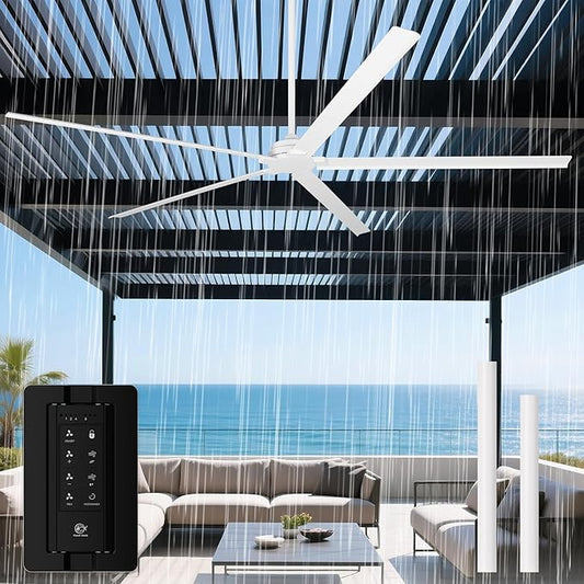 Ceiling Fans Outdoor Waterproof, 84 Inch Industrial Ceiling Fans without Lights, Large White Ceiling Fan No Light with 5 Aluminum Blade, Reverse DC Motor, Outdoor Fans for Patio Shop Garage LivingRoom