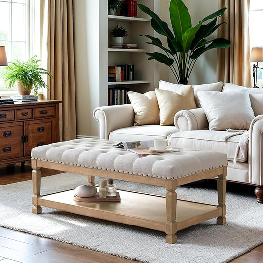 48" Coffee Tables for Living Room, Oversized Storage Ottoman Coffee Table, Fabric Tufted Ottomans, Upholstered Storage Ottoman Bench for Bedroom, Entryway (Beige)