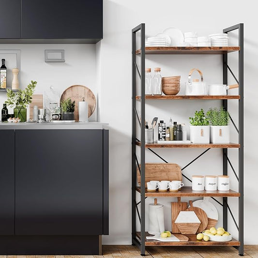 Shintenchi 5 Tiers Bookshelf, Classically Tall Bookcase Shelf, Industrial Book Rack, Modern Book Holder in Bedroom/Living Room/Home/Office, Storage Rack Shelves for Book, Brown