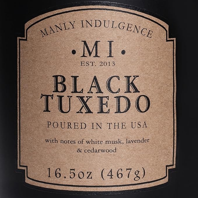 Manly Indulgence Black Tuxedo Jar Candle 16.5 oz - White Musk, Lavender, Cedarwood, Jasmine & Earthy Orris - Up to 60 Hour Burn - Soy Blend Wax, USA Poured