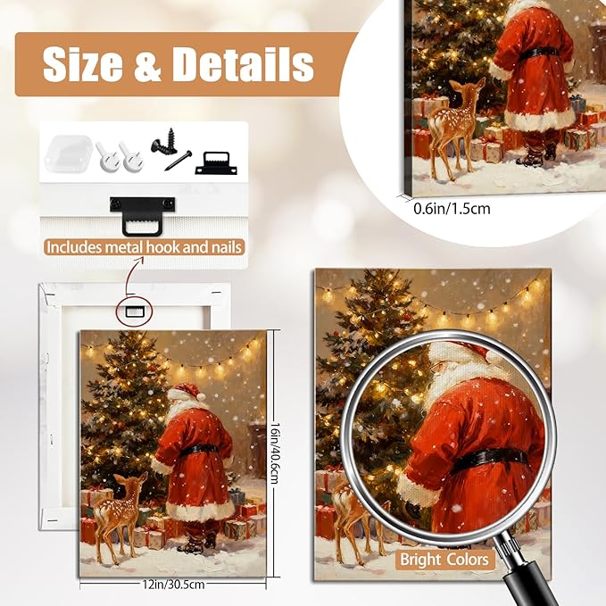 Santa's Reindeer & Christmas Tree Canvas Wall Art - Vintage Framed Canvas Prints for Living Room & Office, Festive Christmas Wall Decor Ready to Hang, Unique Christmas Gifts & Holiday Winter Decor