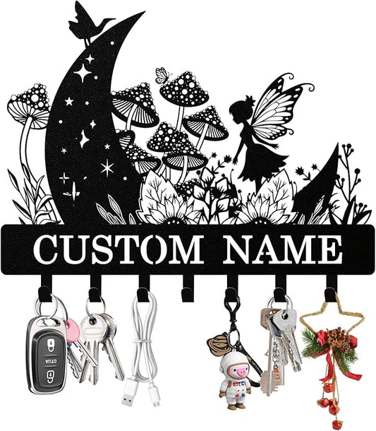 Personalized Fairy Key Holder Wall Mount, Custom Metal Keys Hanger for Wall with Name, Custom Key Rack Holder with Hooks for Home, Entryway, Front Door, Living Room, Kitchen, Bathroom