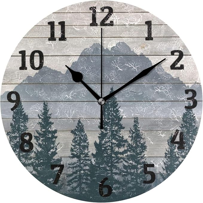 Vintage Trees Mountain Wall Clock Silent Non Ticking Wall Clock Decorative Battery Operated Wall Clocks 10 Inch for Home Kitchen Bedroom Living Room Office