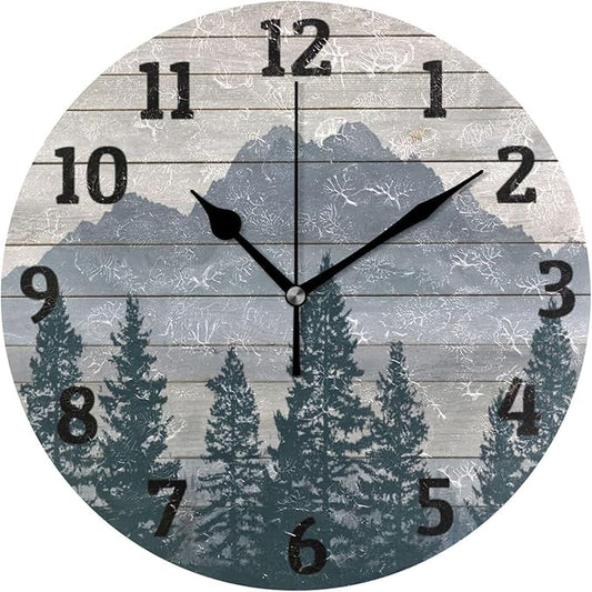 Vintage Trees Mountain Wall Clock Silent Non Ticking Wall Clock Decorative Battery Operated Wall Clocks 10 Inch for Home Kitchen Bedroom Living Room Office