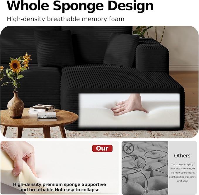 108'' Modular Sectional L-Shaped with Chair,Deep Seat Boneless Corner Couch for Living Room,Plush Corduroy Couch with Detachable Sofa Set,No Assembly(Right Facing Chaise，Black)