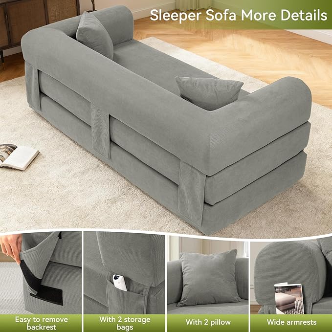 Convertible Futon Sofa Bed,80" Folding Pull Out Couch Bed with Pillows & Storage Pocket, Oversized Queen Sleeper Sofa in a Box,Corduroy Boneless Couch for Living Room,Light Grey