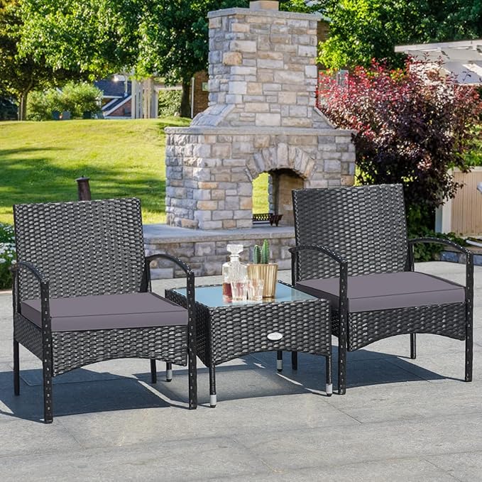 COSTWAY 3 PCS Patio Wicker Conversation Set, PE Rattan Sofa with Tempered Glass Coffee Table, 2 Chairs, 2 Cushions, Outdoor Patio Furniture Set for Yard Porch Bistro Balcony Backyard Pool, Grey