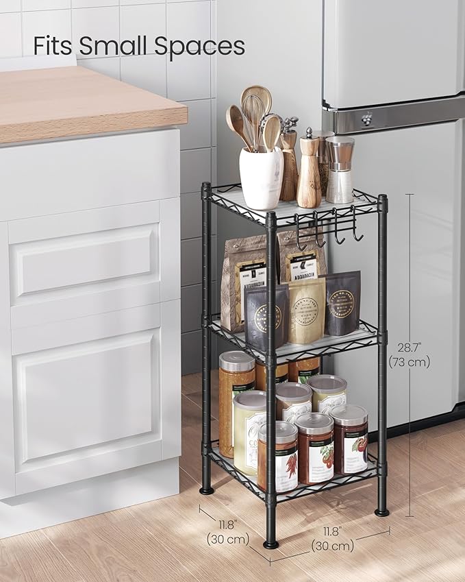 SONGMICS 3-Tier Bathroom Shelf, Storage Rack for Small Space, with 3 PP Shelf Liners, Removable Hook, Extendable Design, Ink Black and Translucent ULGR103B01