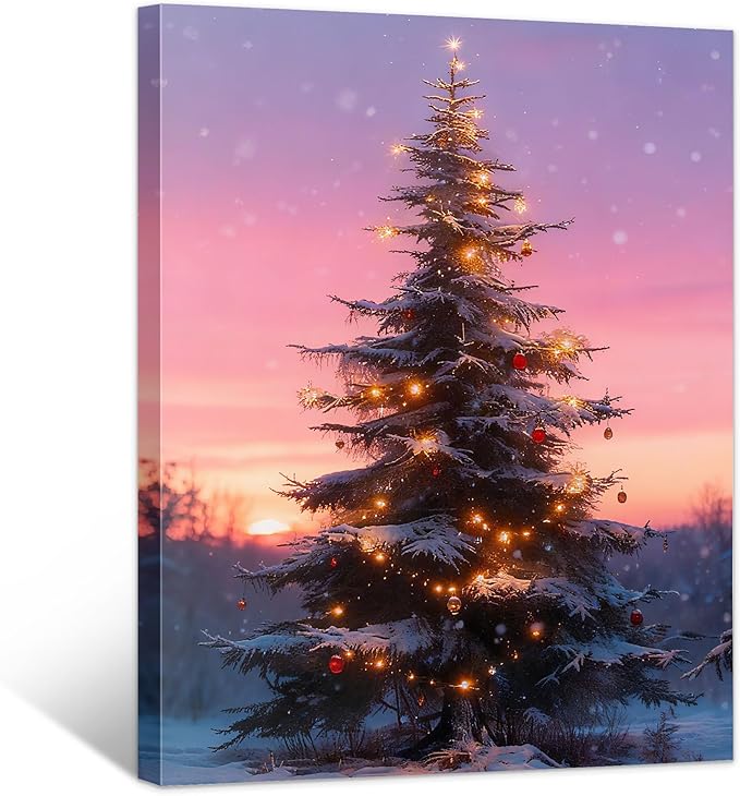 Framed Christmas Pictures Wall Decor,Vintage Pine Tree Prints,Winter Christmas Canvas Wall Art Decoration for Bedroom Bathroom Living Room Rustic Xmas Holiday Gifts (Christmas Tree 10, 16'' X 24'')