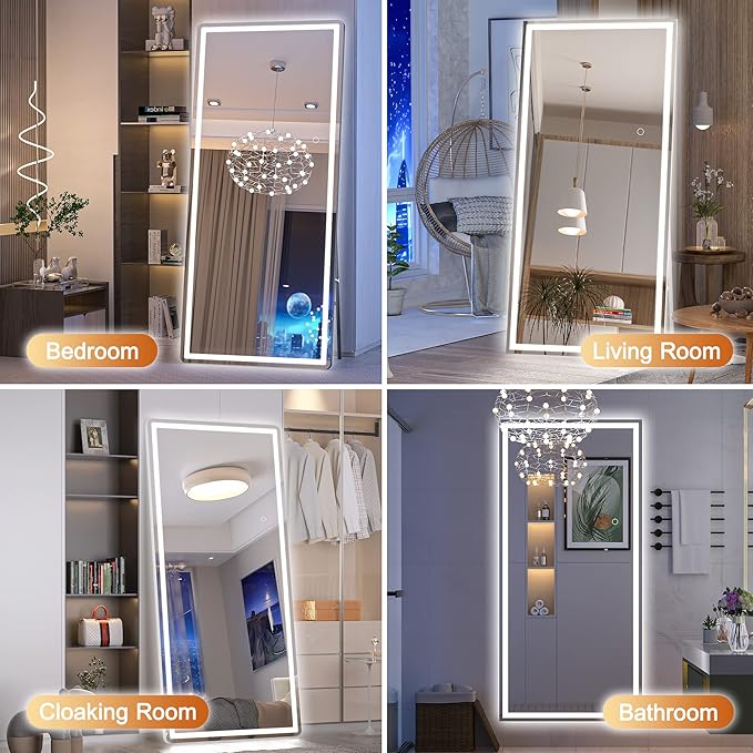 Hasipu Full Length Mirror with Lights, 81" x 34" LED Lighted Floor Standing Mirror, Full Body Dressing Hanging Mounted Mirrors, Dimmable, Tempered Glass, Safe to Use, Square Black