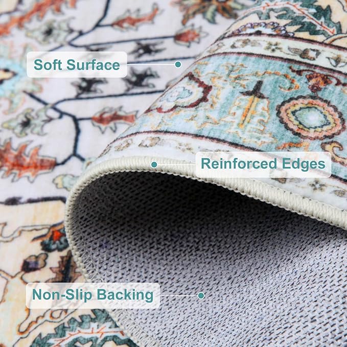 WILLSUN Washable Area Rugs, 6x9 Non-Slip Boho Large Area Rugs for Living Room, Bedroom, Machine Washable Vintage Rug, Indoor Floral Print Carpet for Home Decor, Kid & Pet Friendly Mat
