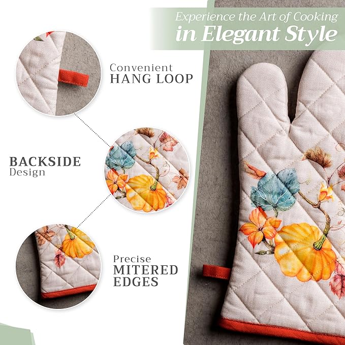 Maison d' Hermine 100% Cotton Oven Mitt & Pot Holder Set (7.5"x13" & 8"x8") Heat Resistant BBQ Cooking Gloves with Loop for Thanksgiving Christmas Decorations Handling Hot Pans (Potiron)
