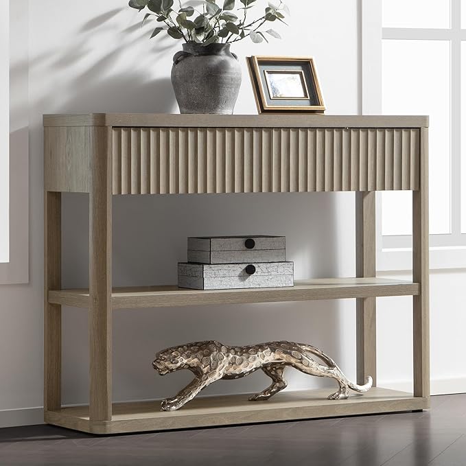 SICOTAS Fluted Entryway Table with Storage, 88.26" W Console Table with 4 Drawers & 4 Tier Storage Shelves, Modern Sofa Table Behind The Couch for Living Room, Entrance, Hallway, Foyer, Grey Alder