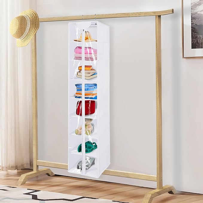 Libeder Hanging Closet Organizer, 8-Shelf Wardrobe Clothes Storage Organizer with Zipper,Hanging Shelves for Sweater,Shoes,Purse,Hats,White