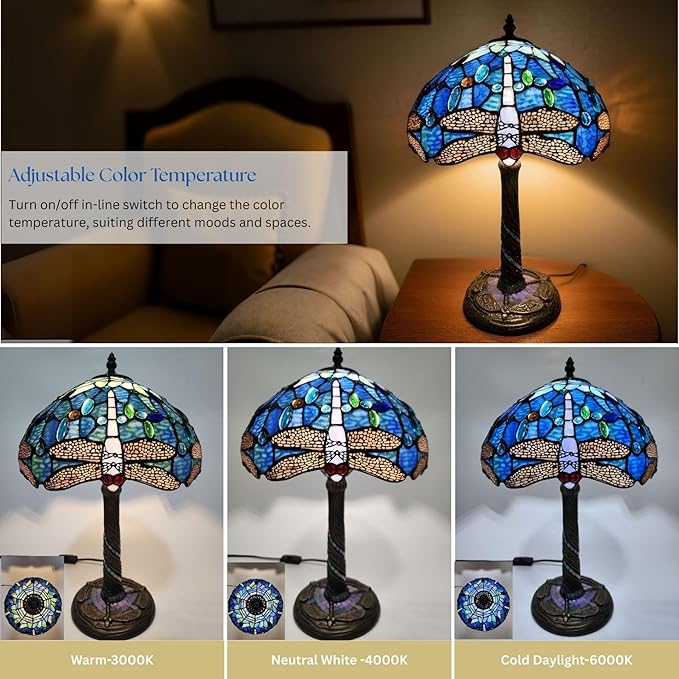 Tiffany-Style Table Lamp, 12" Blue Dragonfly Handmade Stained Glass Lamp Shade, Vintage Reading Light for Bedroom Living Room, LED Bulb Included