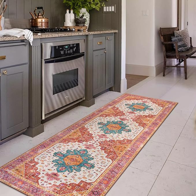 Moynesa Ultra-Thin Washable Pink Long Bathroom Rug - 2x7 Kitchen Carpet Runner, Non Skid Non Shedding Low Pile Bedroom Mat for Laundry Living Room Hall Foyer