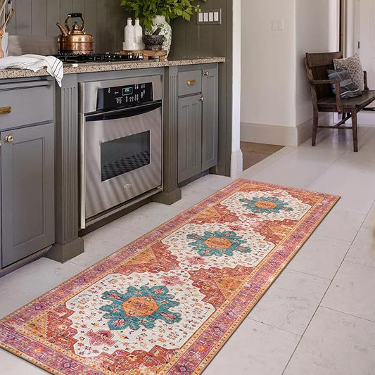 Moynesa Ultra-Thin Washable Pink Long Bathroom Rug - 2x7 Kitchen Carpet Runner, Non Skid Non Shedding Low Pile Bedroom Mat for Laundry Living Room Hall Foyer