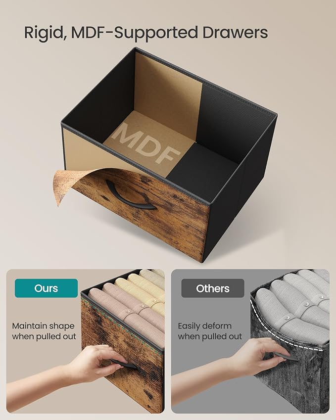 SONGMICS Dresser for Bedroom, Chest of Drawers, Nightstand, Steel, MDF, 2 Non-Woven Fabric Drawers, Storage Organizer Unit, Closet, Entryway, Rustic Brown and Ink Black ULGS312B02S