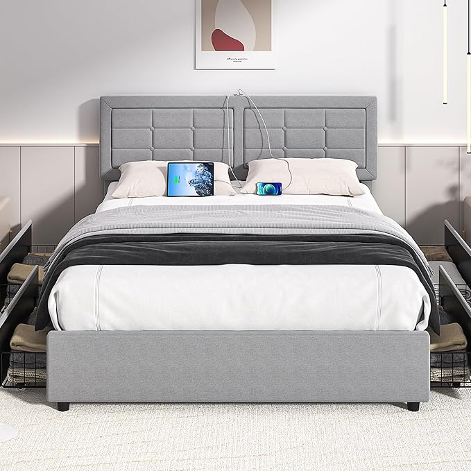 VECELO Queen Size Bed Frame with 4 Storage Drawers & Adjustable Headboard, Built-in Charging Station, Upholstered Bedframe with Wood Slats Support, Light Grey