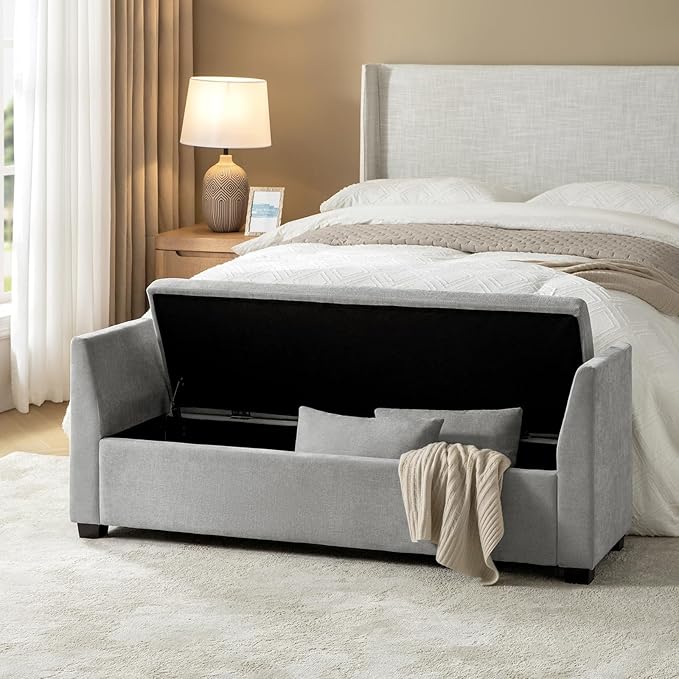 EcoHarbor Living 60" Storage Ottoman Bench with Pillows, Water Resistant Storage Bench End of Bed Upholstered Bedroom Entryway Storage Ottoman Foot Stools, Grey