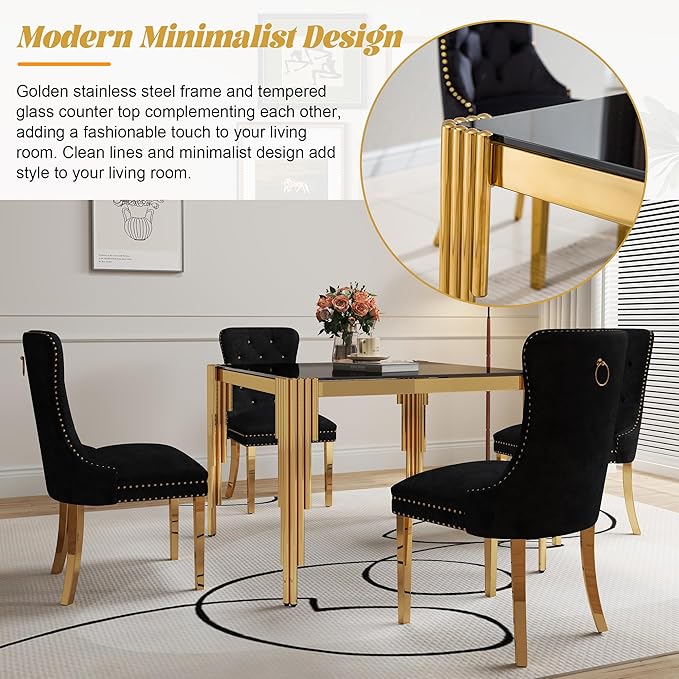 5 Piece Glass Dining Table Set, 35" Square Tempered Glass Kitchen Table with 4 Black Velvet Upholstered Chairs, Dining Chairs Set of 4 for Kitchen, Living Room (Black, Gold)