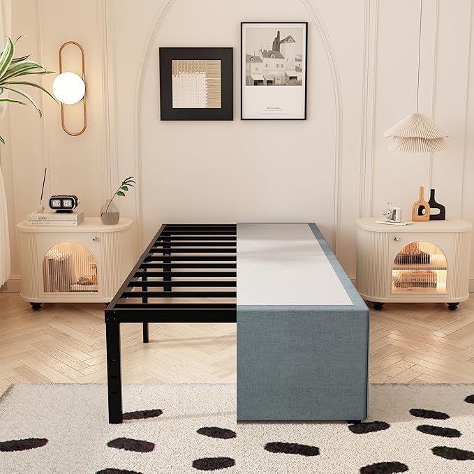 18 Inch Twin XL Bed Frames with Fabric Cover, Heavy Duty Metal Twin XL Platform Bed Frame, No Box Spring Needed, Support Up to 2500 lbs, Easy Assembly, Noise Free, Black