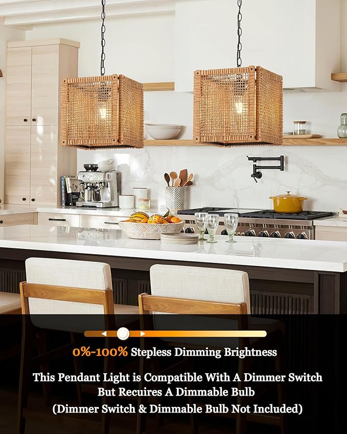 ELYONA 1-Light Rattan Pendant Light, 12" Square Solid Wood Frame Woven Pendant Light Fixtures Boho Adjustable Hanging Chandelier for Dining Room, Kitchen Island, Living Room, Bedroom, Bar, Hallway