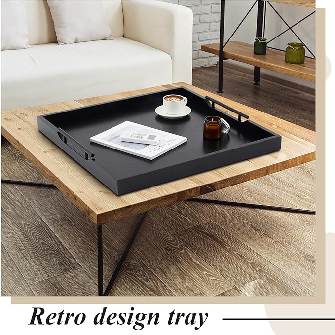 Large Square Ottoman Tray 24 x 24 x 2 Inch Wood Serving Tray with 4 Coasters and Metal Handles for Food Coffee Tea Table Sofa Living Room Home Housewarming Gift(Black)