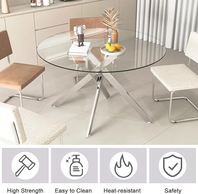 Goujxcy Round Dining Table Set for 4, Modern Glass Kitchen Table and Chairs Set of 4, 5 Piece Dining Room Table Set with 47" Circle Silver Metal Glass Dinner Tables and 4 Black Leather Dining Chairs