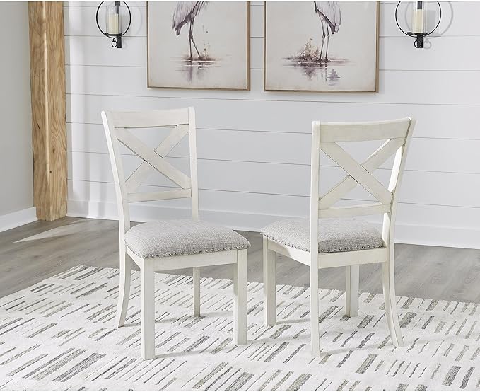 Signature Design by Ashley Robbinsdale Casual Upholstered Solid Wood Dining Chair with Nailhead Trim, Set of 2, White & Light Gray